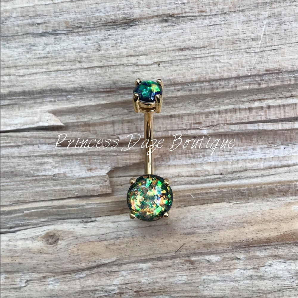 Green Opal Prong Gold Belly Button Ring